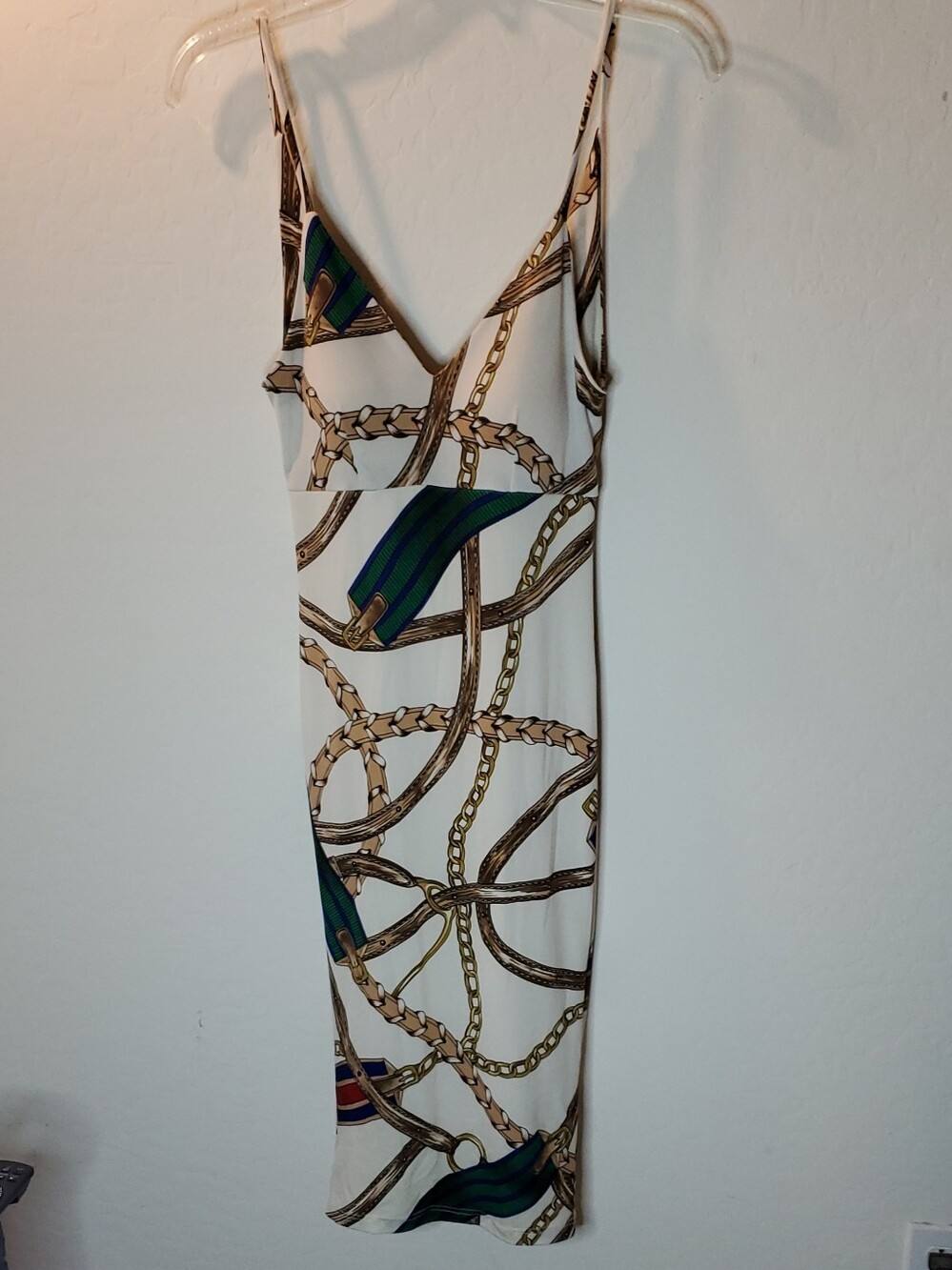 privy Cream Slip Midi Dress with Green and Gold Chain Print
